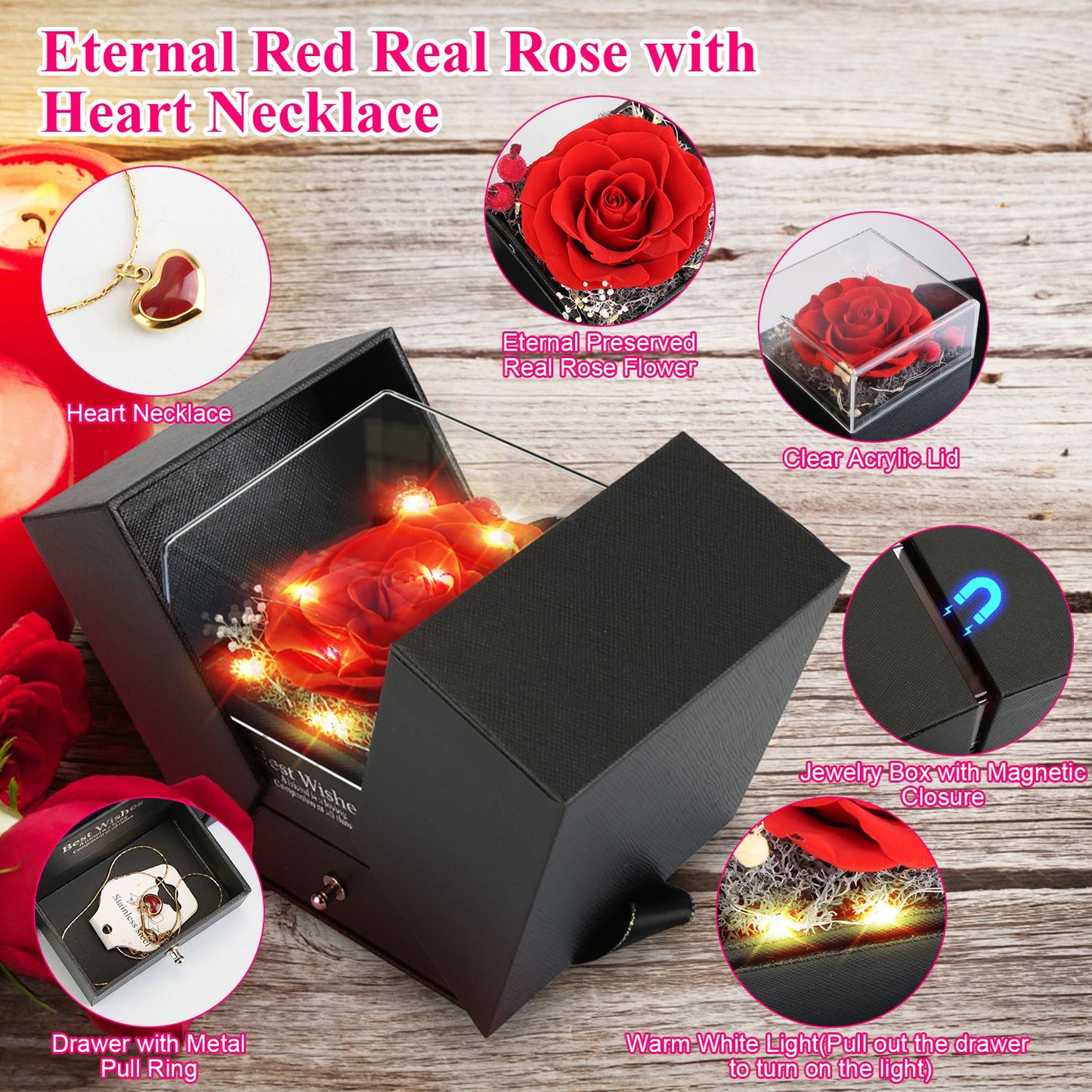 Red Real Rose With Heart Necklace Gifts For Women