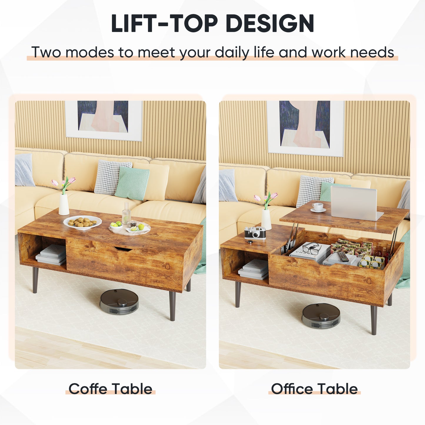 Wooden Coffee Table Desk with Storage Shelf