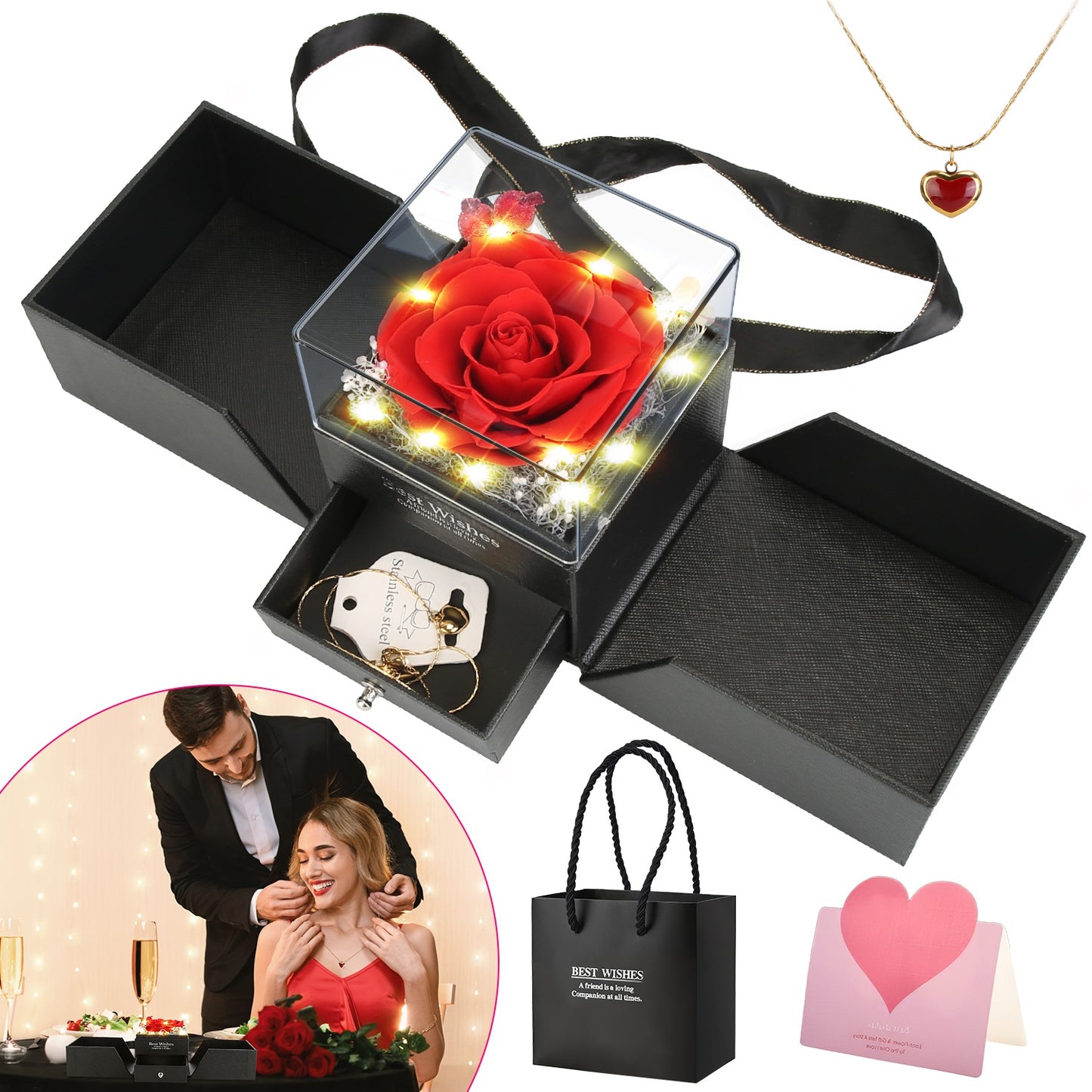 Red Real Rose With Heart Necklace Gifts For Women