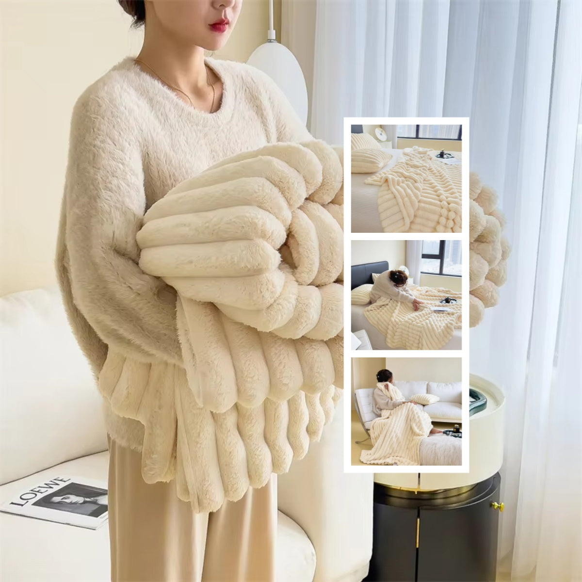 Double-sided velvet and faux fur blanket draped on bed