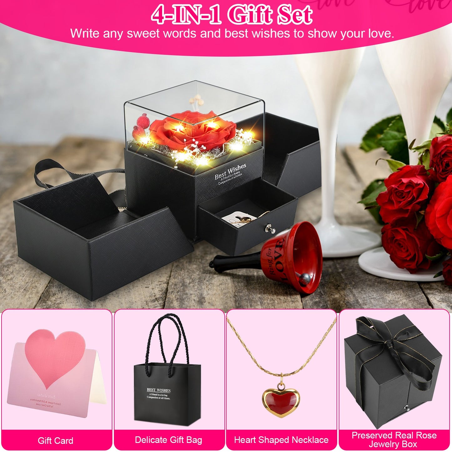 Red Real Rose With Heart Necklace Gifts For Women