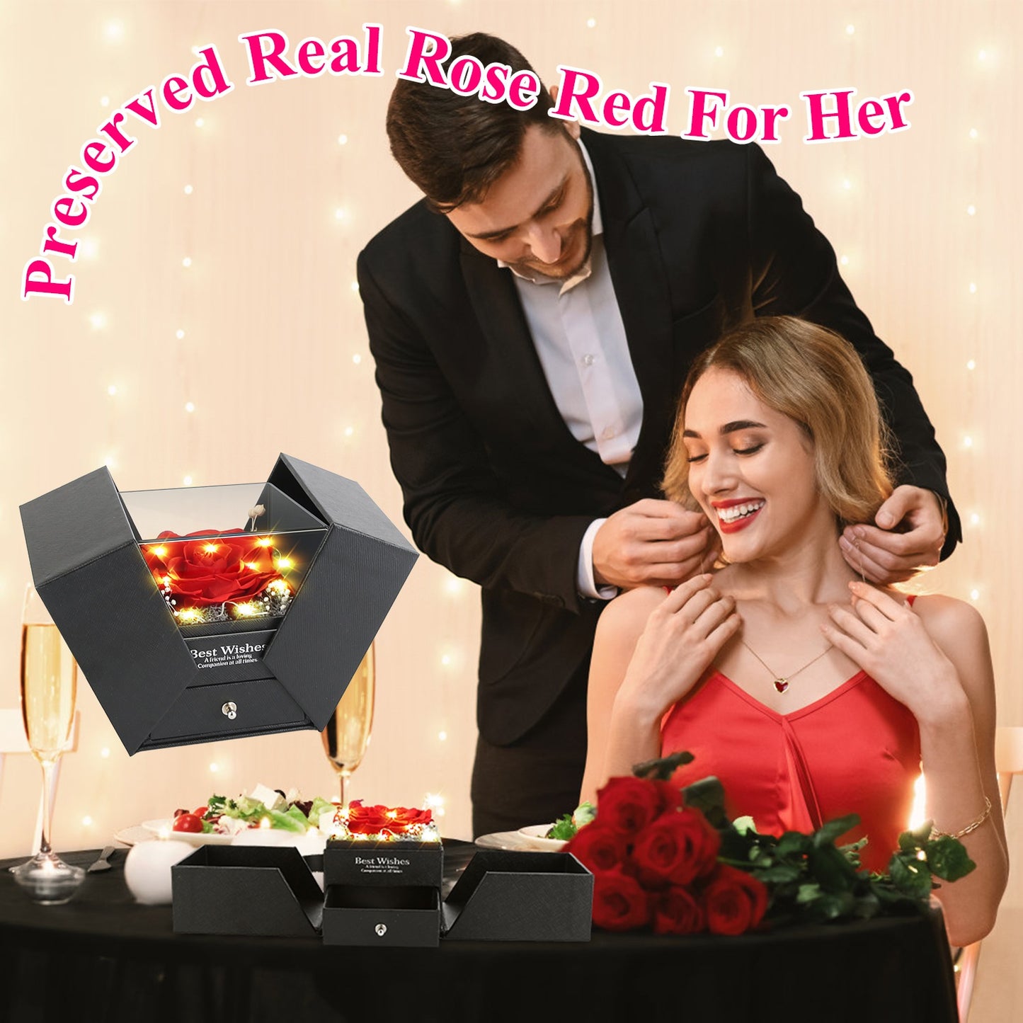 Red Real Rose With Heart Necklace Gifts For Women