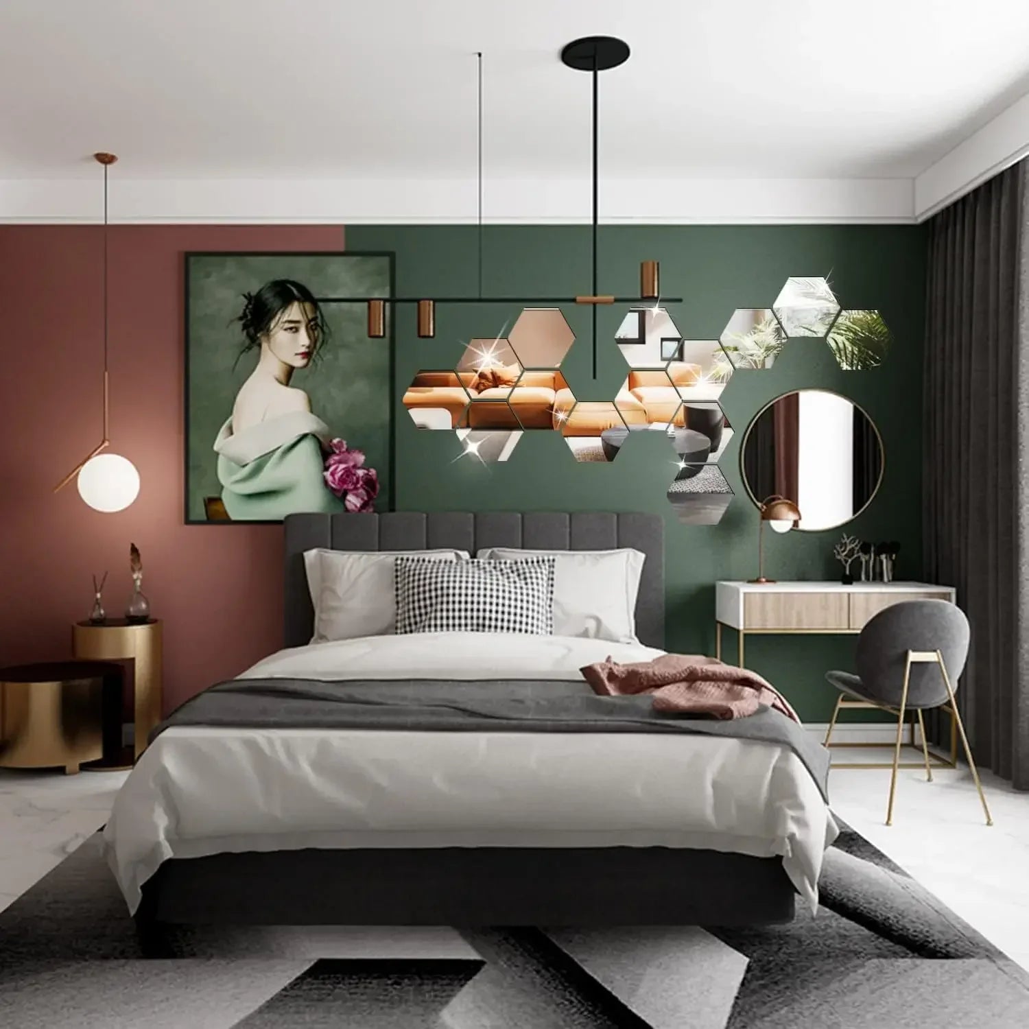 Hexagon mirror wall stickers scattered above bed in modern bedroom decor